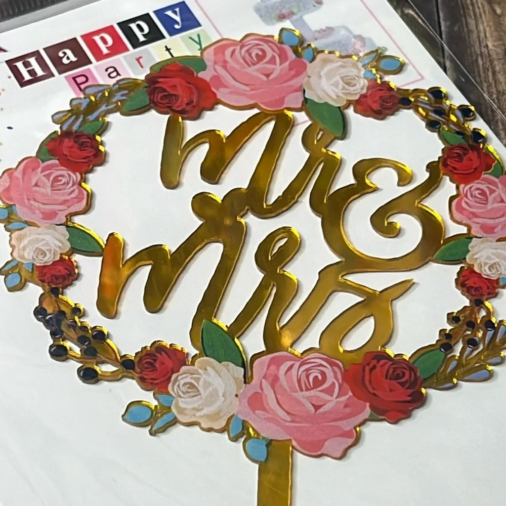 5for$10 Mr And Mrs Gold Floral Pink Rose Wedding Cake Topper NWT Party Supply